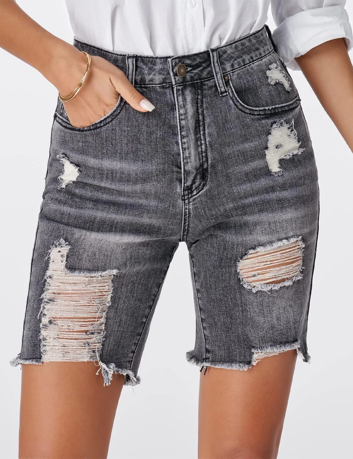 Utyful Women Summer Frayed Ripped Bermuda Shorts Distressed Denim Jeans Short