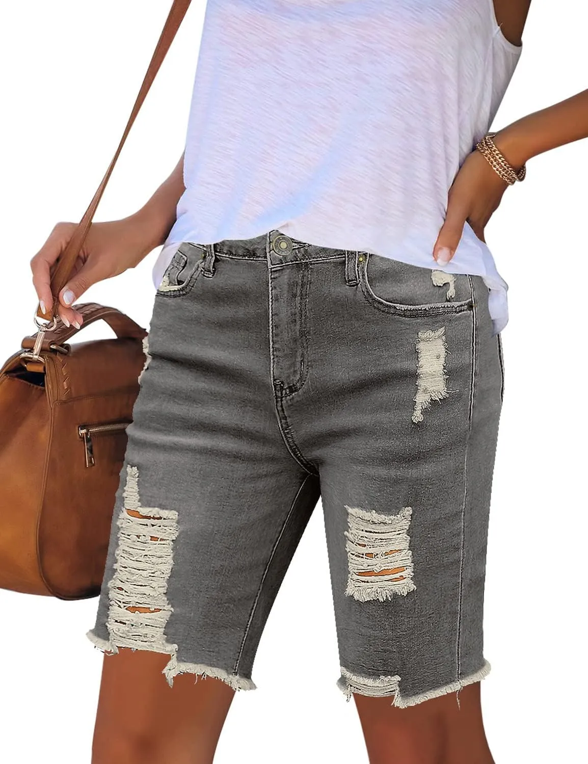 Utyful Women Summer Frayed Ripped Bermuda Shorts Distressed Denim Jeans Short