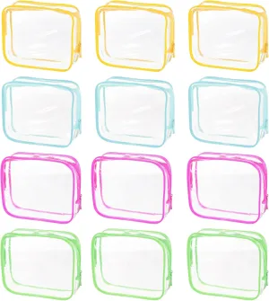 uxcell Clear Toiletry Bag, 12 Pcs PVC Transparent Makeup Bag for Women Man, Cosmetic Pouch Bags with Zipper for Travel Makeup Organizer Pouch, Green, Yellow, Blue, Rose Pink(L Size)