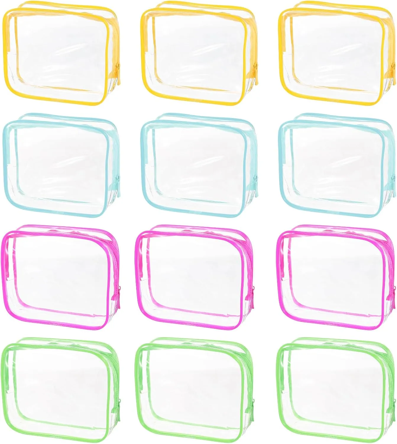 uxcell Clear Toiletry Bag, 12 Pcs PVC Transparent Makeup Bag for Women Man, Cosmetic Pouch Bags with Zipper for Travel Makeup Organizer Pouch, Green, Yellow, Blue, Rose Pink(L Size)