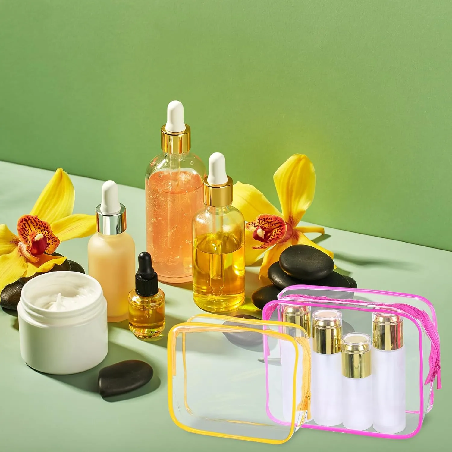uxcell Clear Toiletry Bag, 12 Pcs PVC Transparent Makeup Bag for Women Man, Cosmetic Pouch Bags with Zipper for Travel Makeup Organizer Pouch, Green, Yellow, Blue, Rose Pink(L Size)