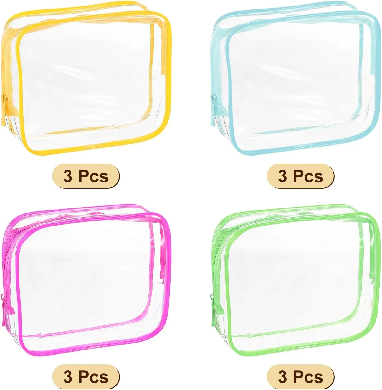 uxcell Clear Toiletry Bag, 12 Pcs PVC Transparent Makeup Bag for Women Man, Cosmetic Pouch Bags with Zipper for Travel Makeup Organizer Pouch, Green, Yellow, Blue, Rose Pink(L Size)