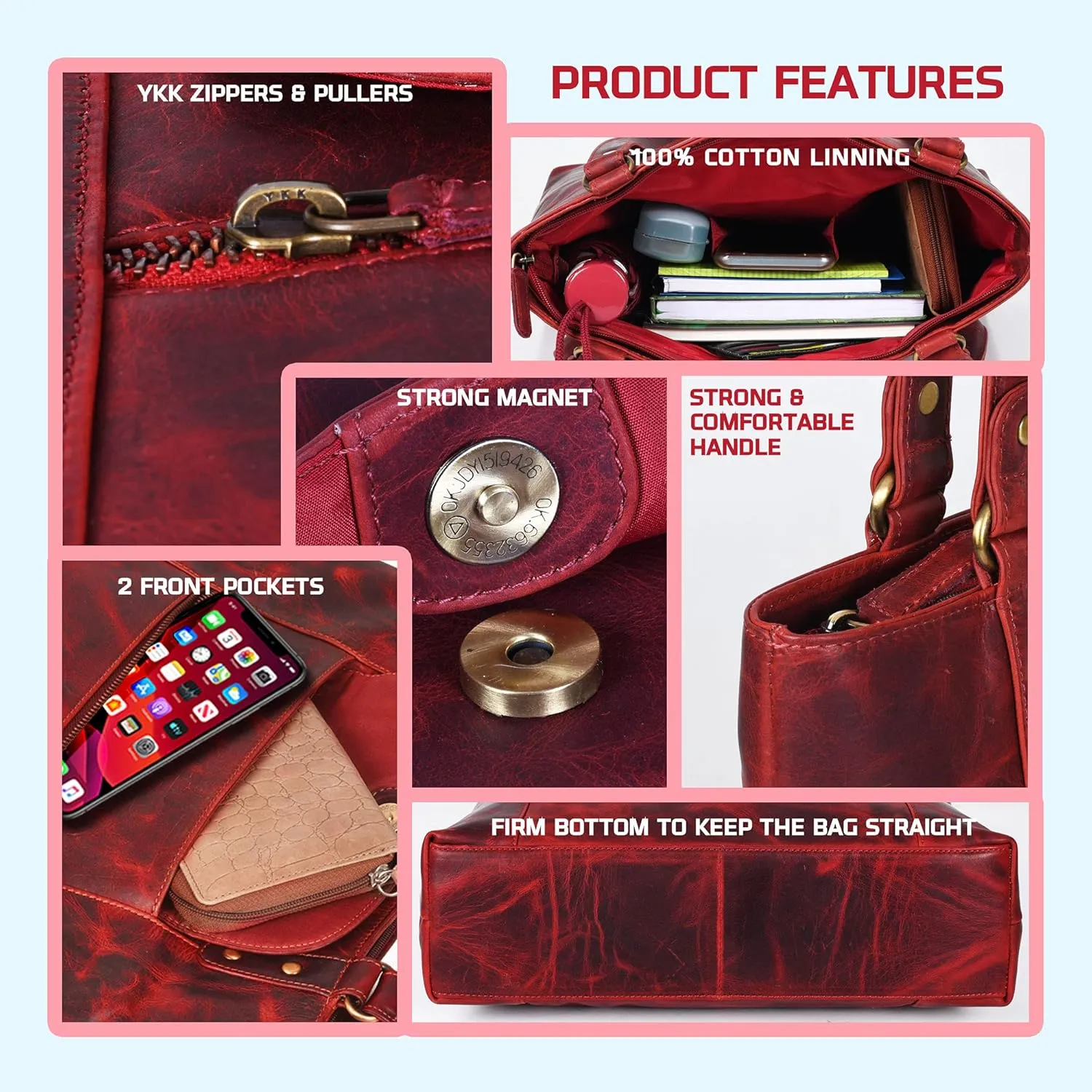 VALENCHI-Leather Shoulder Bag with Front and Back Zipper pocket with Large storage capacity