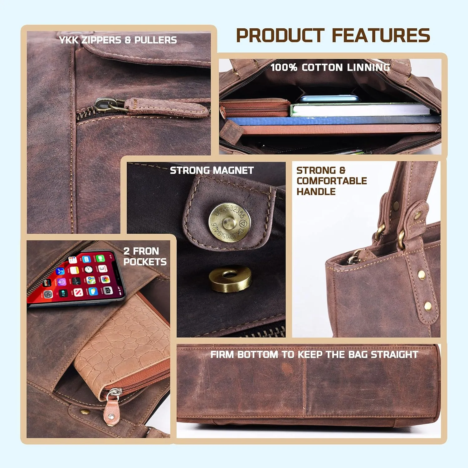 VALENCHI-Leather Shoulder Bag with Front and Back Zipper pocket with Large storage capacity