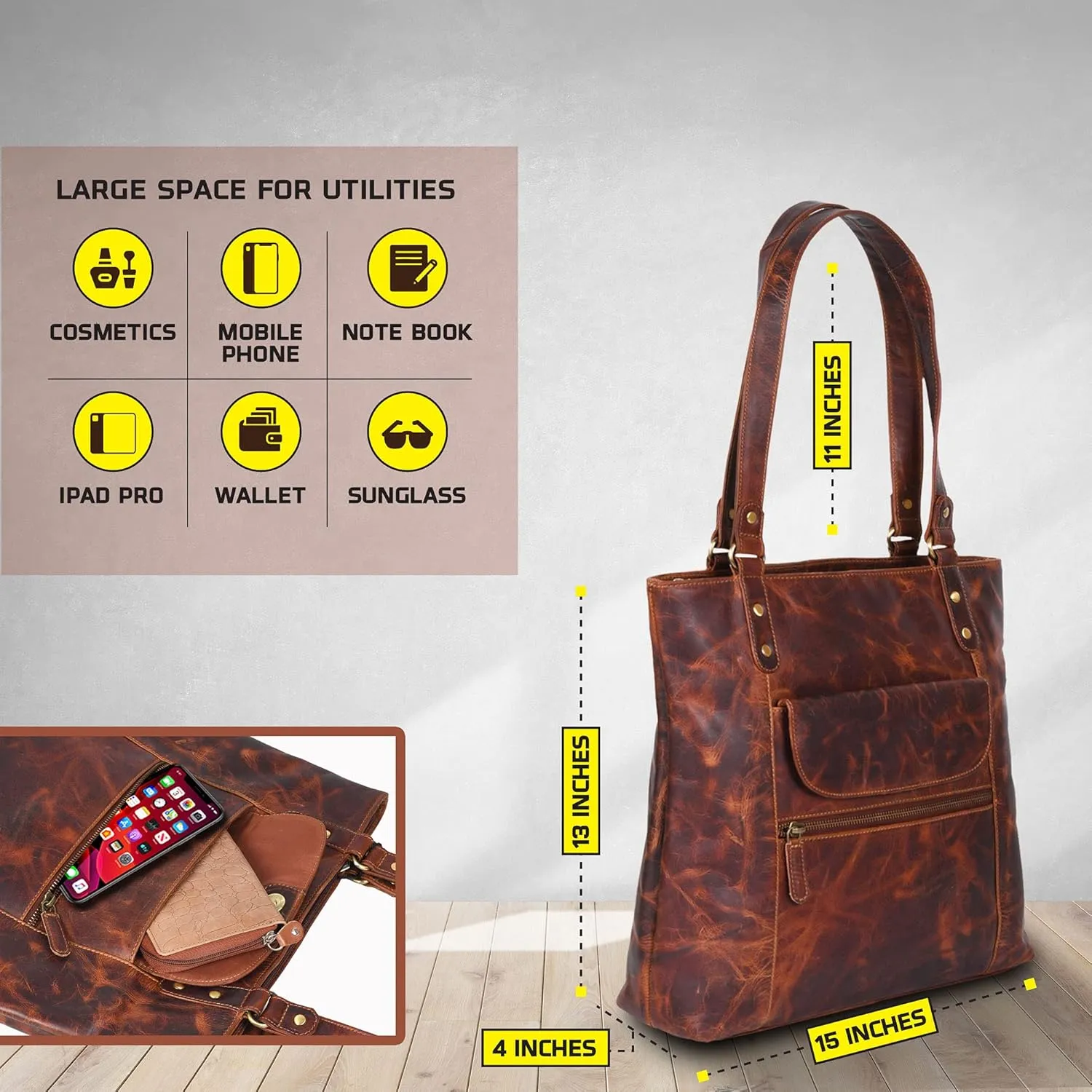 VALENCHI-Leather Shoulder Bag with Front and Back Zipper pocket with Large storage capacity