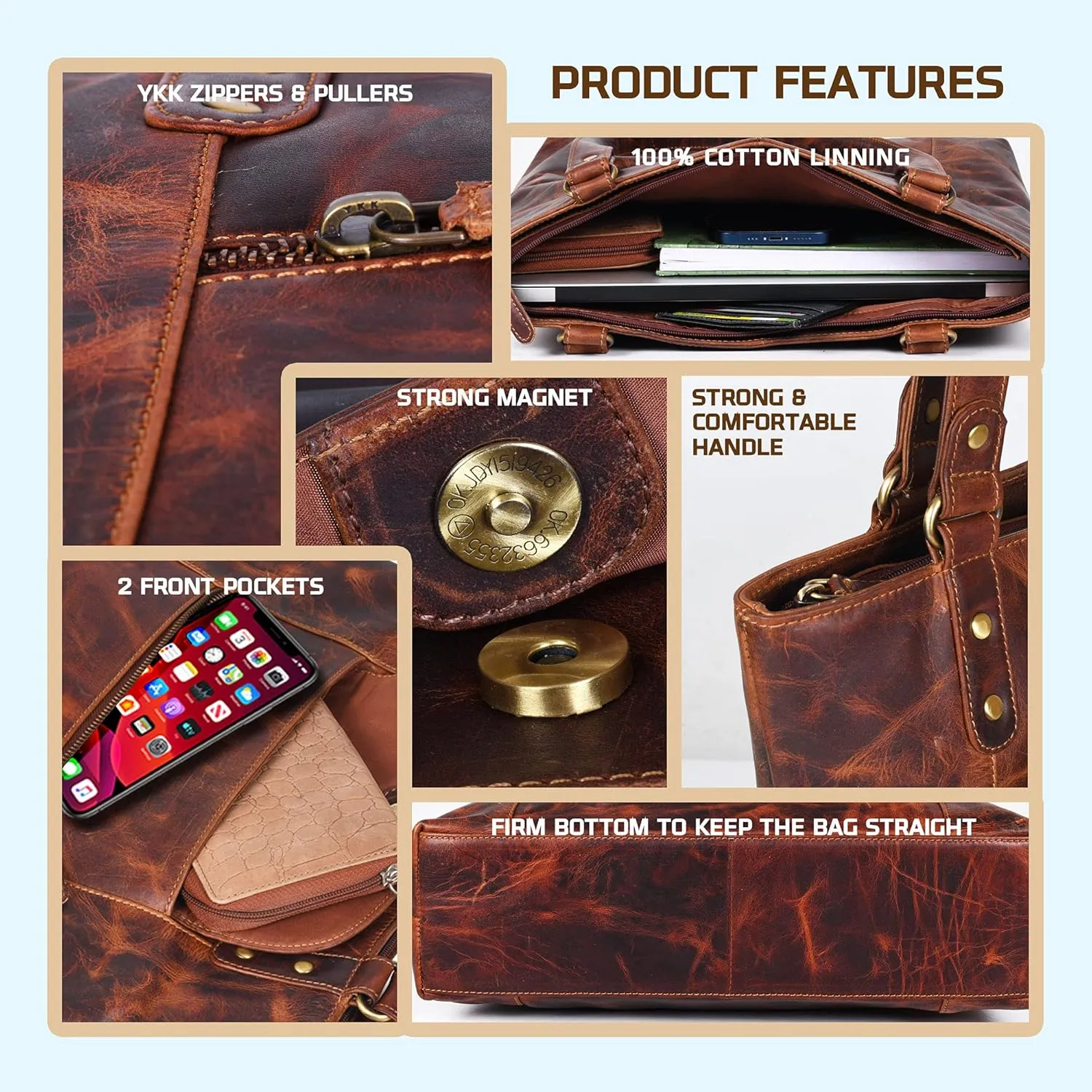 VALENCHI-Leather Shoulder Bag with Front and Back Zipper pocket with Large storage capacity