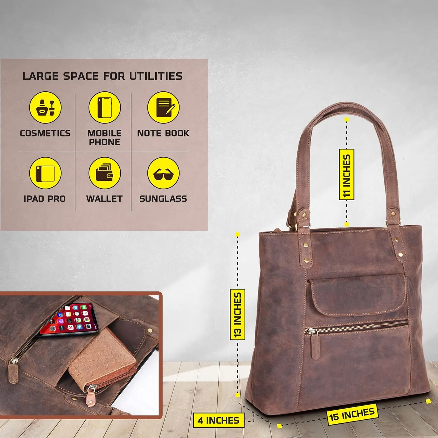 VALENCHI-Leather Shoulder Bag with Front and Back Zipper pocket with Large storage capacity