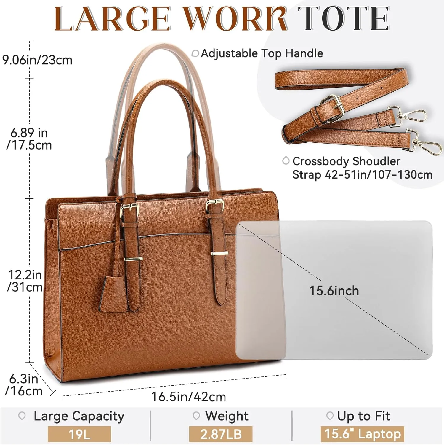 VASCHY Laptop Bag for Women, Vegan Leather 15.6 Inch Computer Large Work Tote Purse Business Briefcase Handbag Shoulder Bag