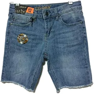 VIGOSS Girl's Stretch Denim Shorts with Adjustable Waistband (7, Light Wash Denim)