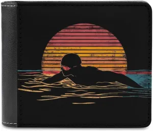 Vintage Swim Swimmer Swimming 80s Men's Leather Minimalist Wallet Slim Bifold Wallet Purse With 6 Credit Card Pockets
