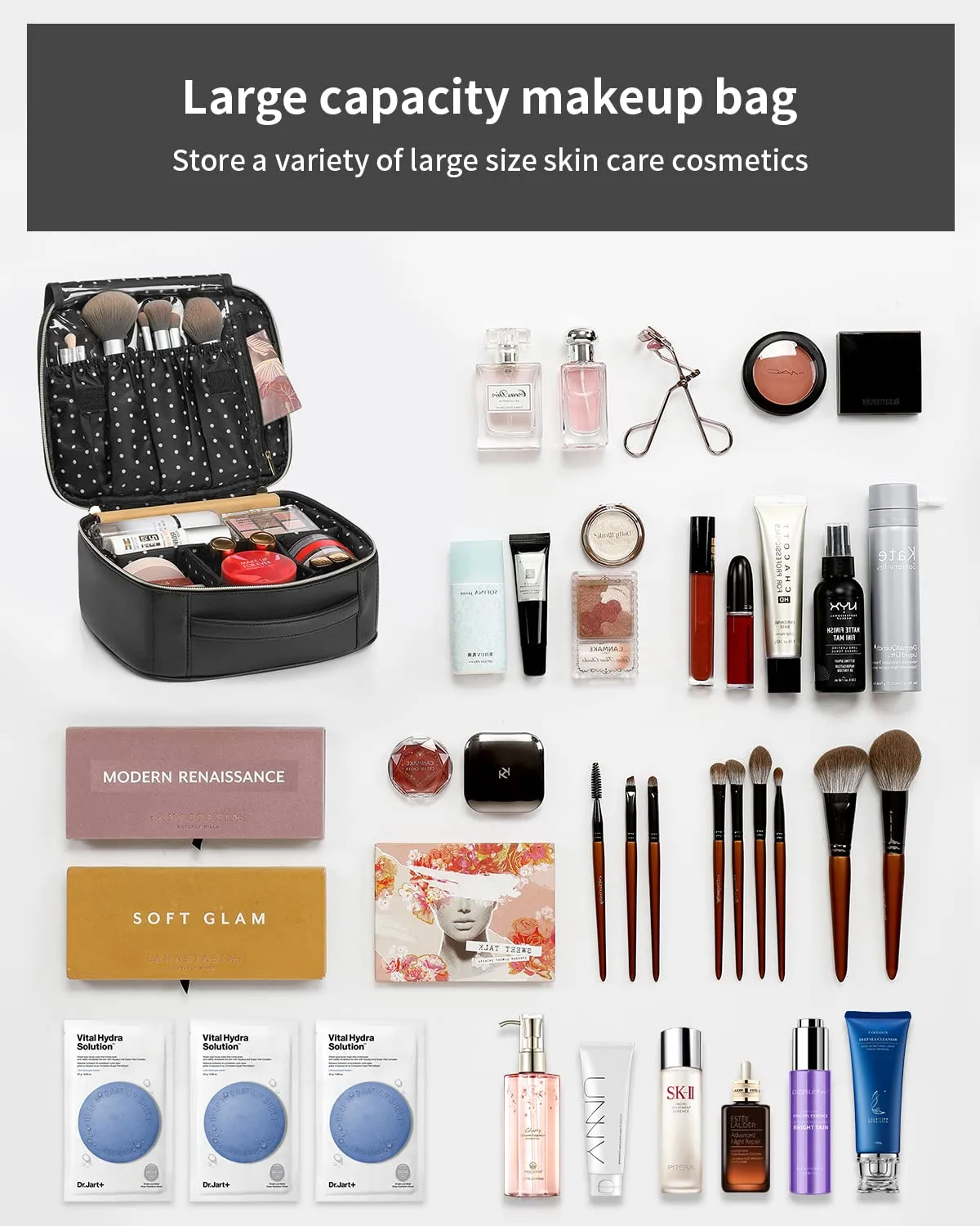 Vlando Valentines Day Gifts,Travel Makeup Bag Makeup Organizer Bag Travel Train Case Portable Cosmetic Artist Storage Bag with Adjustable Dividers for Cosmetics Makeup Brushes, Black
