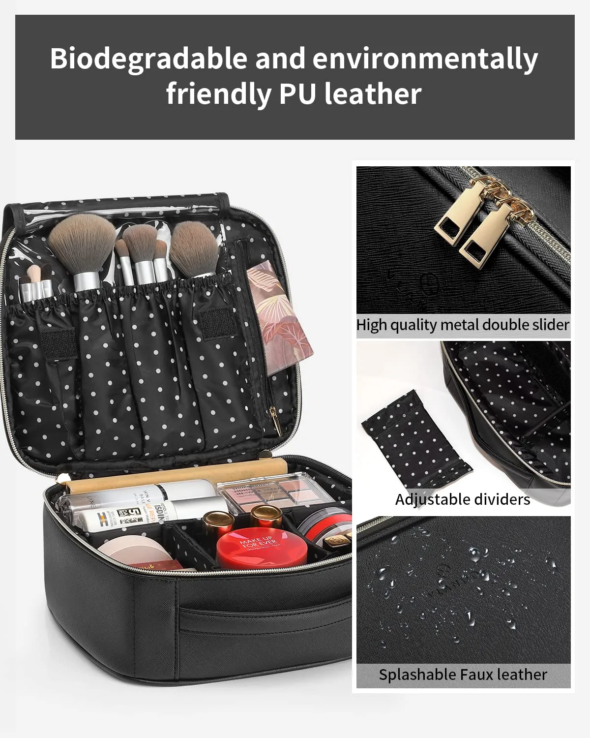 Vlando Valentines Day Gifts,Travel Makeup Bag Makeup Organizer Bag Travel Train Case Portable Cosmetic Artist Storage Bag with Adjustable Dividers for Cosmetics Makeup Brushes, Black