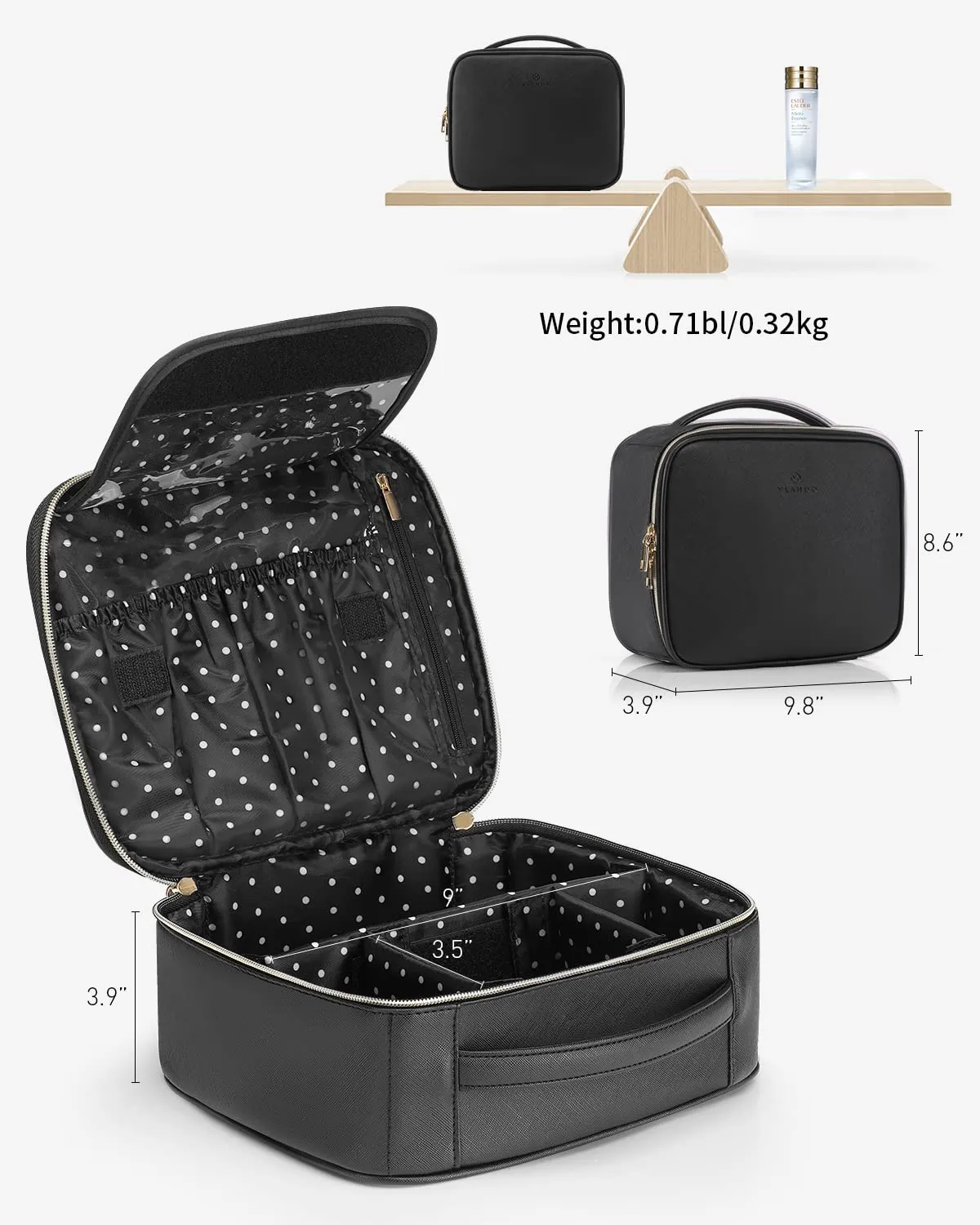 Vlando Valentines Day Gifts,Travel Makeup Bag Makeup Organizer Bag Travel Train Case Portable Cosmetic Artist Storage Bag with Adjustable Dividers for Cosmetics Makeup Brushes, Black
