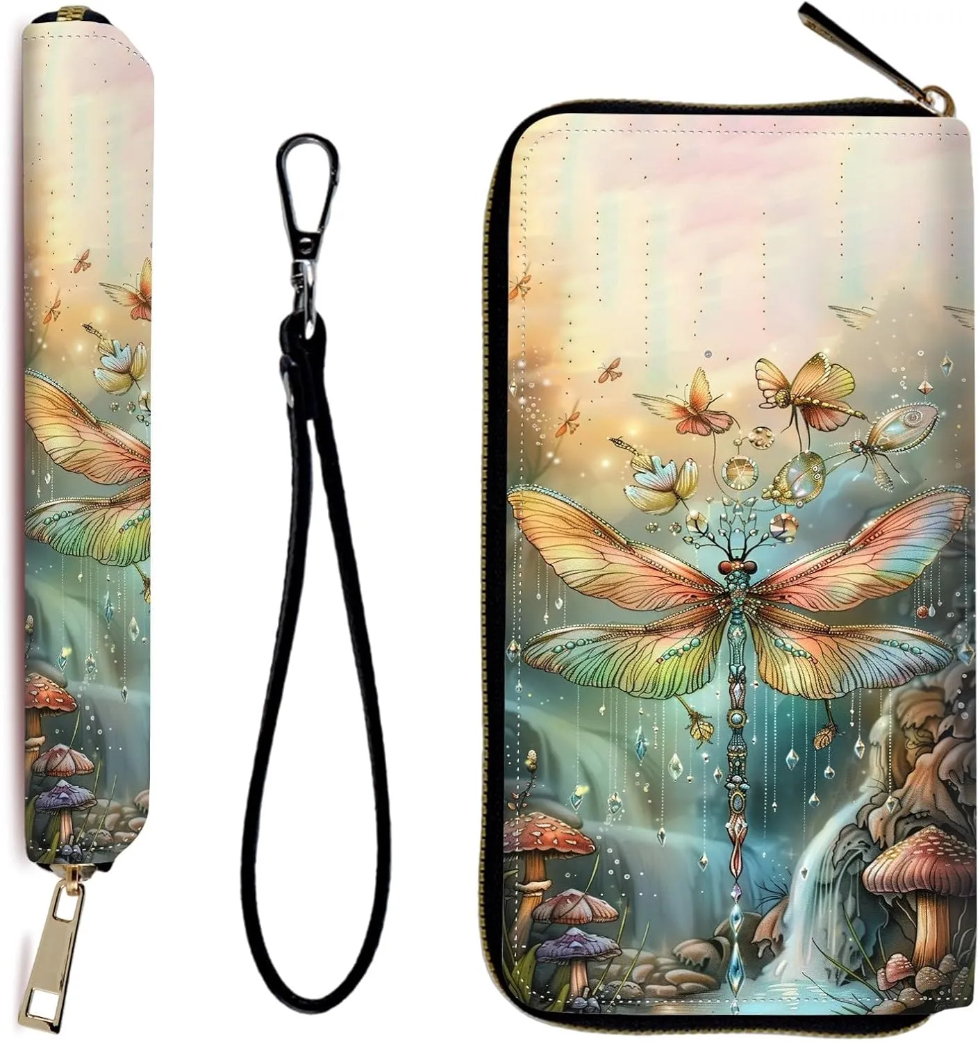 Wallet Women RFID Blocking PU Leather Multi Credit Card Large Capacity Zip Wallet, Ultra Slim Holder Bifold Clutch Coin Travel Purse with Wristlet Wallets for Women Men, Dream Dragonfly