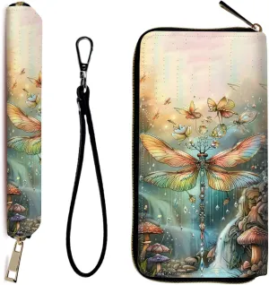 Wallet Women RFID Blocking PU Leather Multi Credit Card Large Capacity Zip Wallet, Ultra Slim Holder Bifold Clutch Coin Travel Purse with Wristlet Wallets for Women Men, Dream Dragonfly