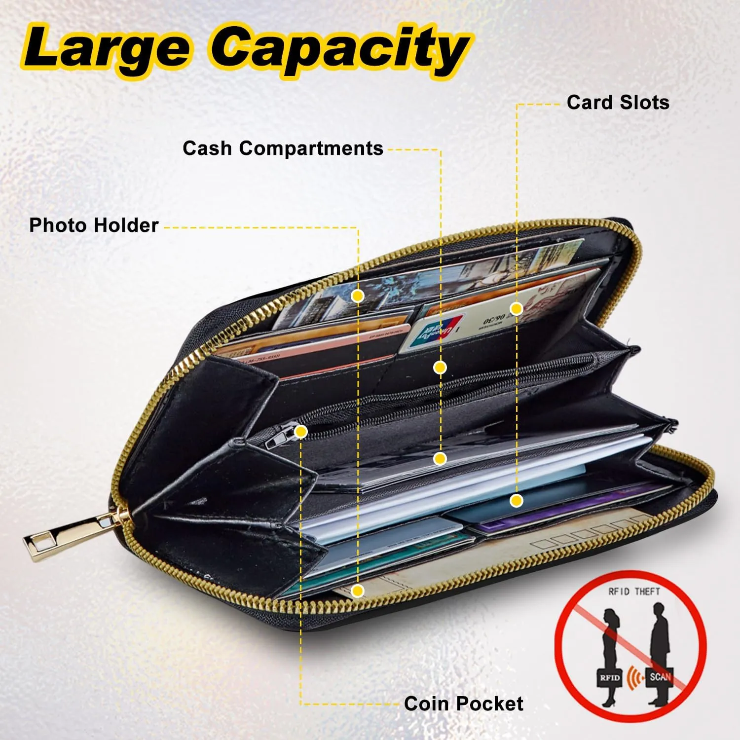 Wallet Women RFID Blocking PU Leather Multi Credit Card Large Capacity Zip Wallet, Ultra Slim Holder Bifold Clutch Coin Travel Purse with Wristlet Wallets for Women Men, Dream Dragonfly