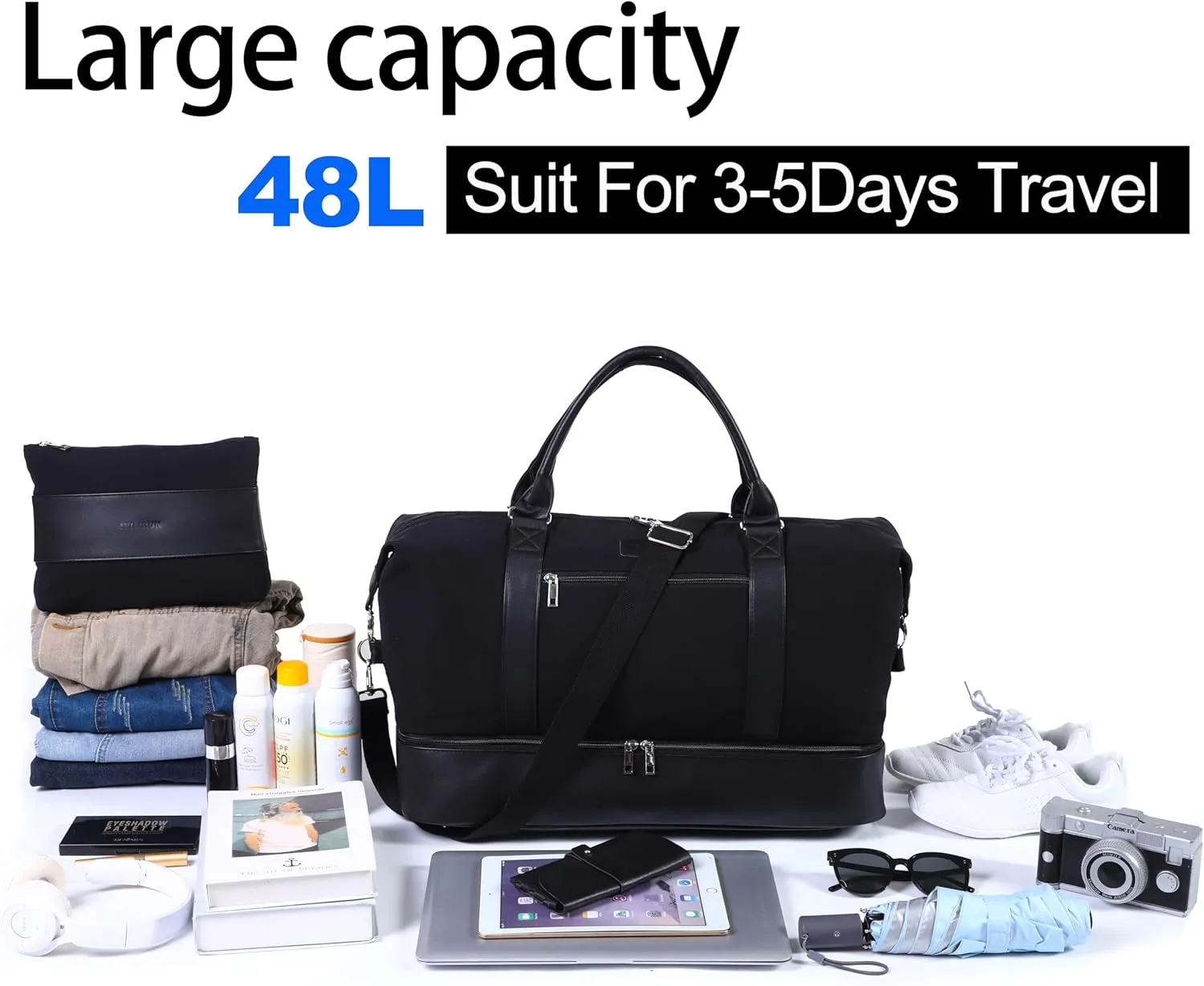 Weekender Travel Bag for Women & Men - Large Overnight Duffel Bag with Shoes Compartment & Toiletry Bag - Waterproof Weekender Bags as Personal Item for Air Travel, Gym, Weekend Getaways (Black)