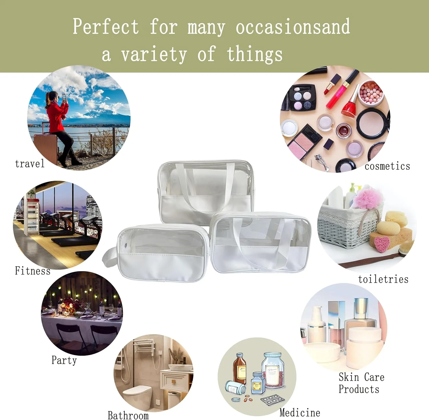 White 3-piece clear makeup bag, waterproof travel makeup bag for makeup and toiletries