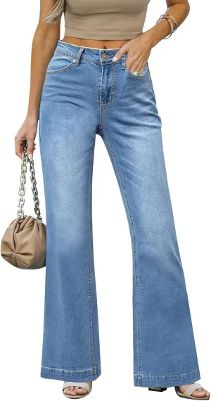 Wide Leg Jeans for Women Mid-Rise Stretchy Baggy Jeans Distressed Denim Pants Trendy