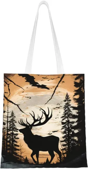 (Wild Elk Black Silhouette) Reusable Canvas Tote Bag For Women Lightweight Handbag Shopping Bag Stylish Shoulder Bag