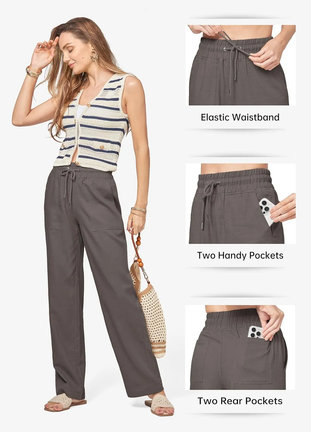 Willit Women Linen Pants Wide Leg Casual Palazzo Pants Cotton Linen Lounge Beach Summer Pants with Pockets 29"/31"/ 33"