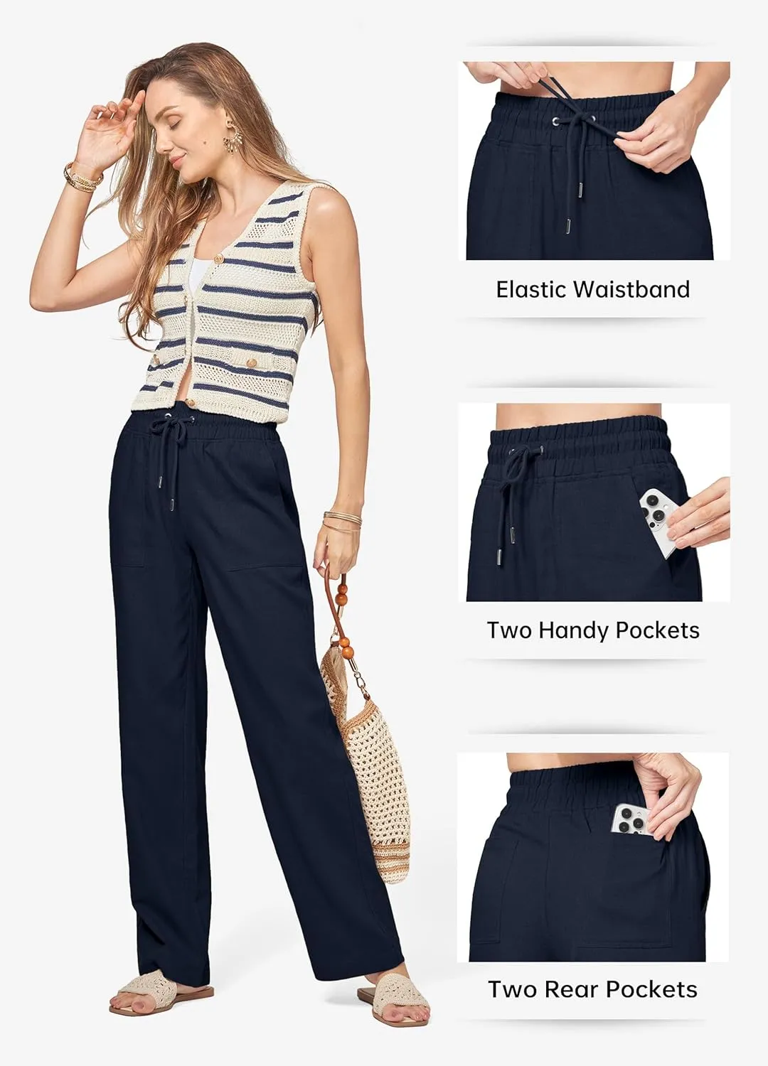 Willit Women Linen Pants Wide Leg Casual Palazzo Pants Cotton Linen Lounge Beach Summer Pants with Pockets 29"/31"/ 33"