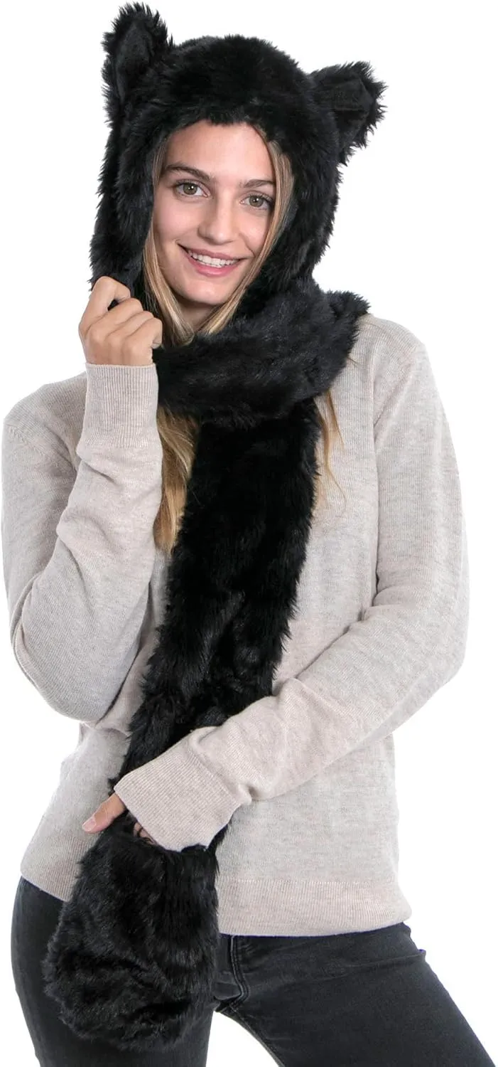 Winter Warm Plush Faux Fur Animal Paws Hat Hoods Gloves Scarf