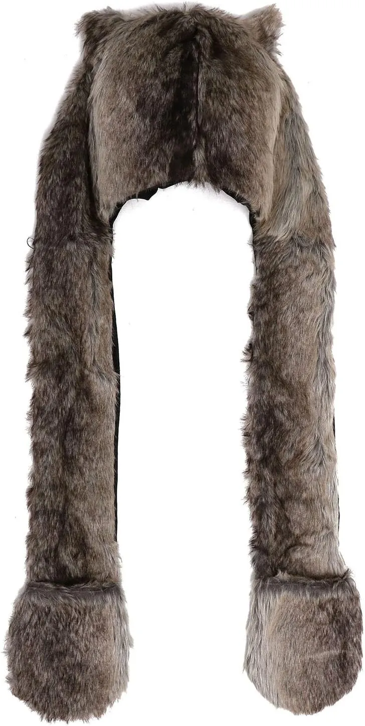 Winter Warm Plush Faux Fur Animal Paws Hat Hoods Gloves Scarf