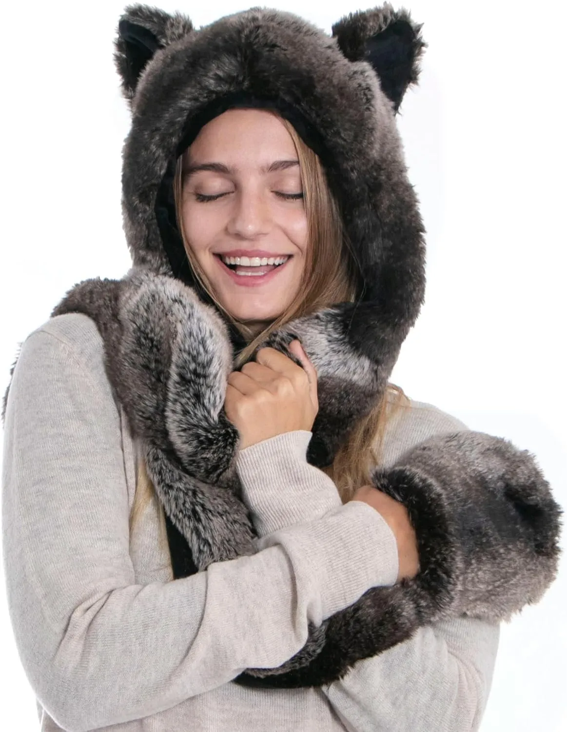 Winter Warm Plush Faux Fur Animal Paws Hat Hoods Gloves Scarf