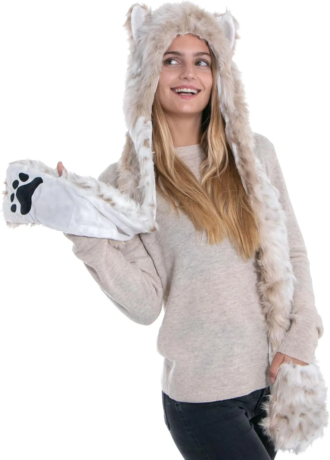 Winter Warm Plush Faux Fur Animal Paws Hat Hoods Gloves Scarf