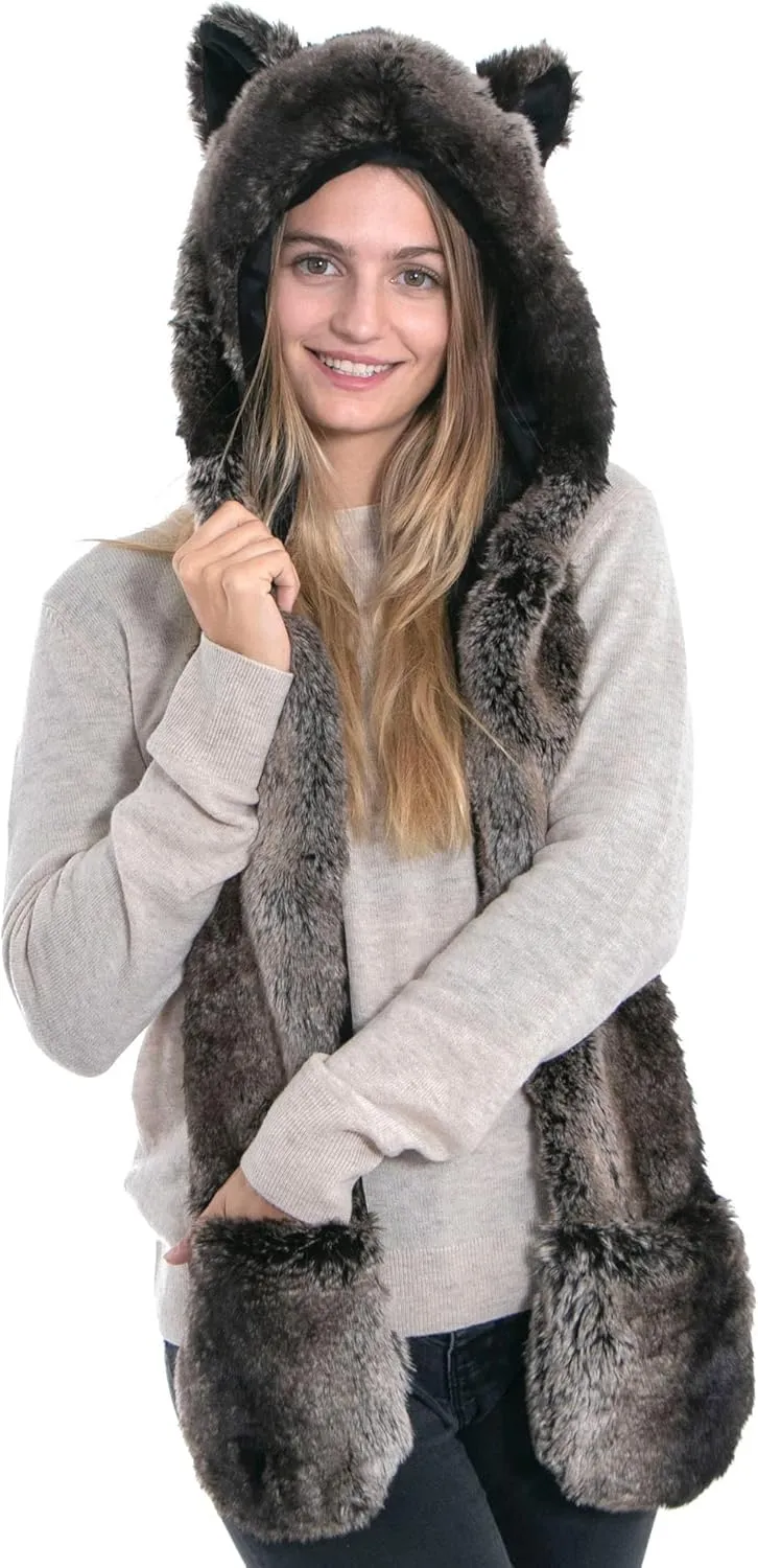 Winter Warm Plush Faux Fur Animal Paws Hat Hoods Gloves Scarf