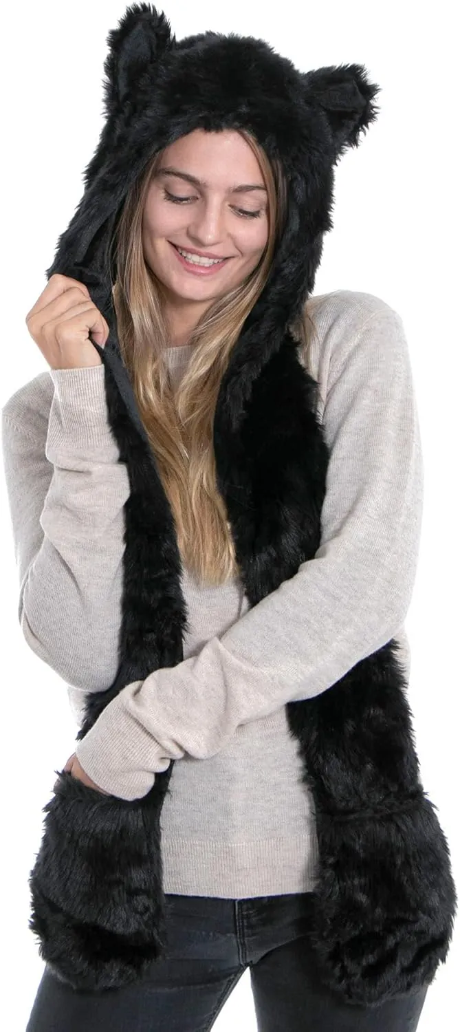 Winter Warm Plush Faux Fur Animal Paws Hat Hoods Gloves Scarf
