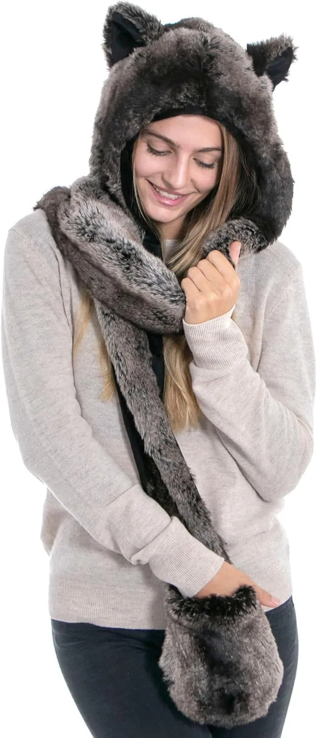 Winter Warm Plush Faux Fur Animal Paws Hat Hoods Gloves Scarf