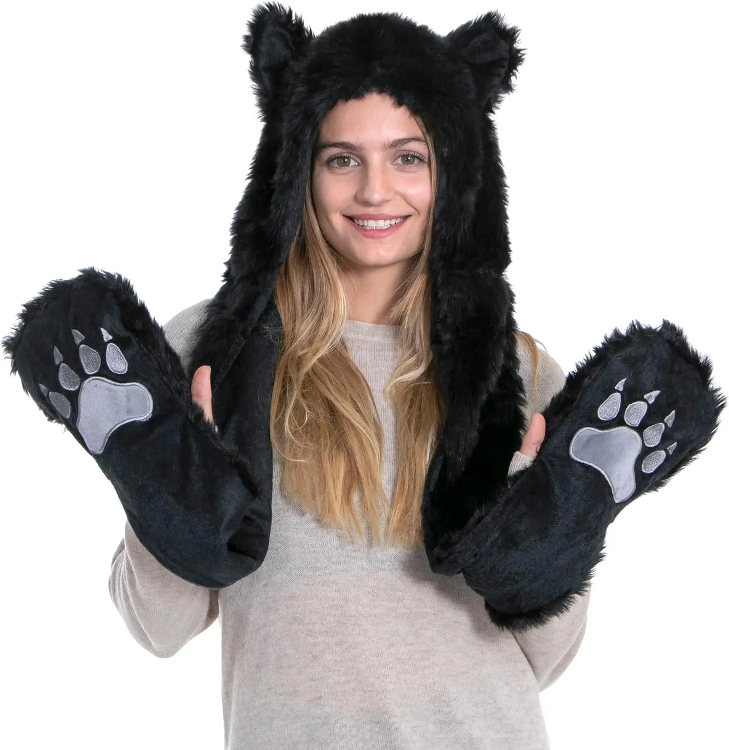 Winter Warm Plush Faux Fur Animal Paws Hat Hoods Gloves Scarf