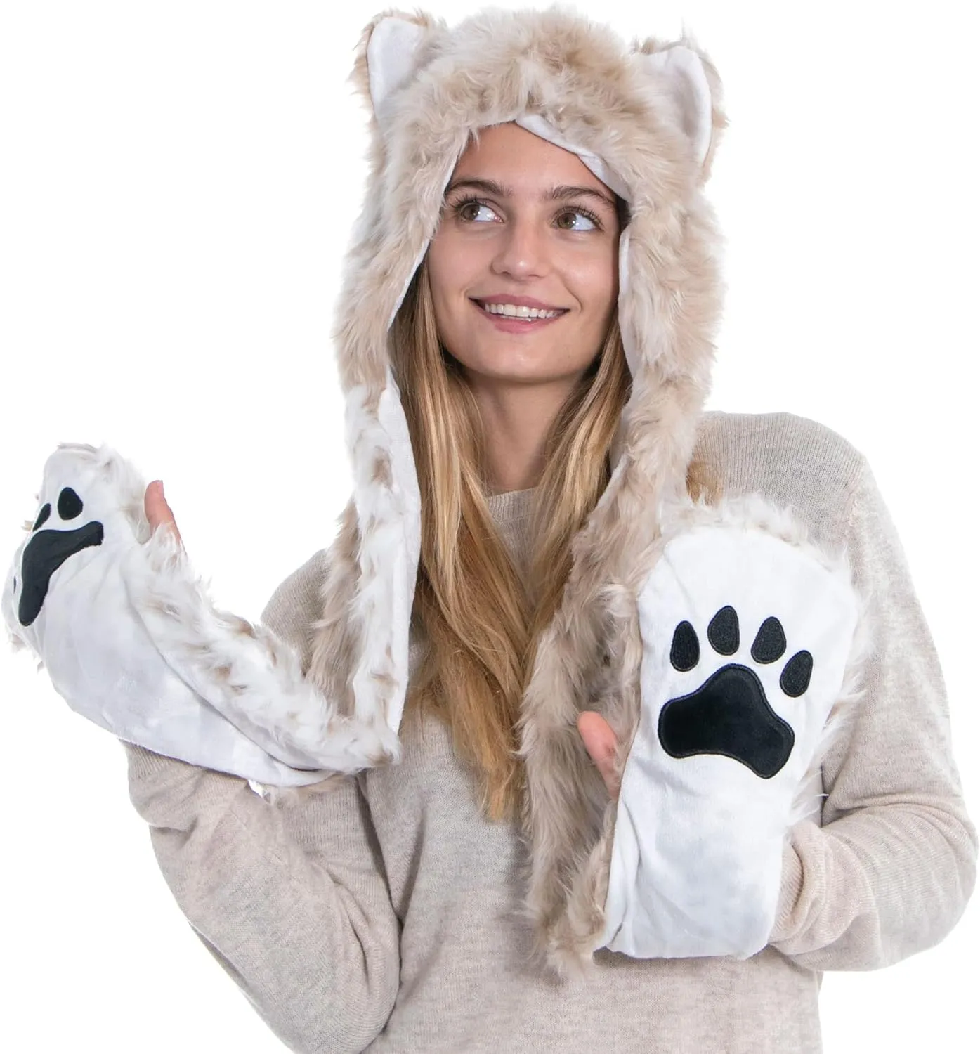 Winter Warm Plush Faux Fur Animal Paws Hat Hoods Gloves Scarf