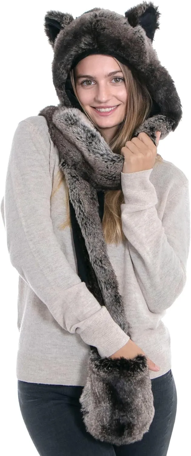 Winter Warm Plush Faux Fur Animal Paws Hat Hoods Gloves Scarf