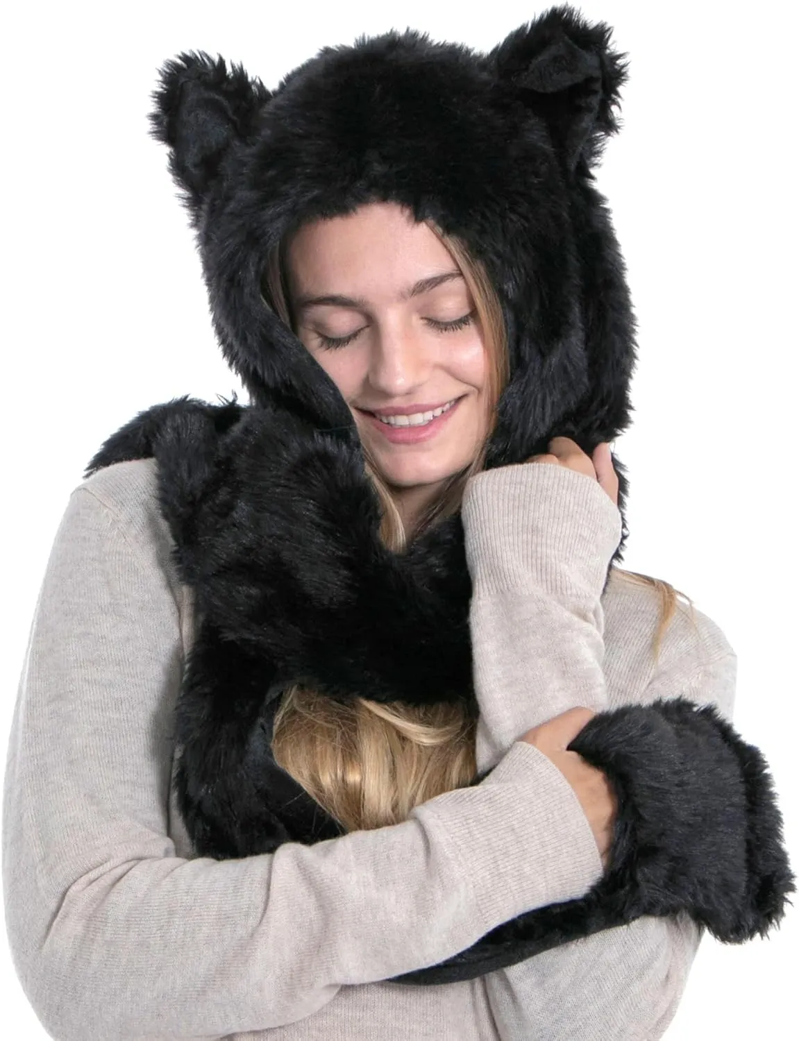 Winter Warm Plush Faux Fur Animal Paws Hat Hoods Gloves Scarf