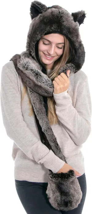 Winter Warm Plush Faux Fur Animal Paws Hat Hoods Gloves Scarf