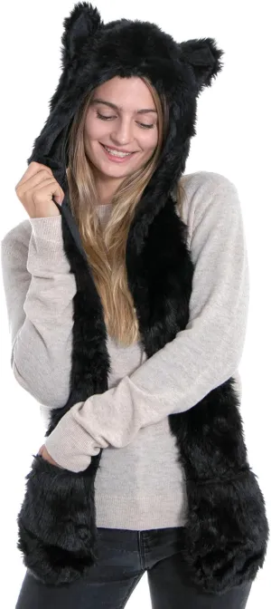 Winter Warm Plush Faux Fur Animal Paws Hat Hoods Gloves Scarf