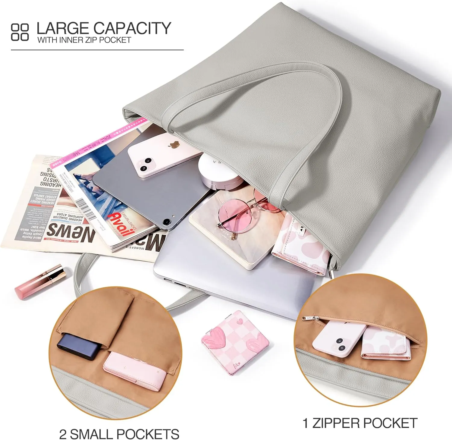 WLLWOO WLLWOO Soft PU Leather Tote Bag for Women Large Casual Hobo Handbags with Zipper Shoulder Work Bag Travel Purse