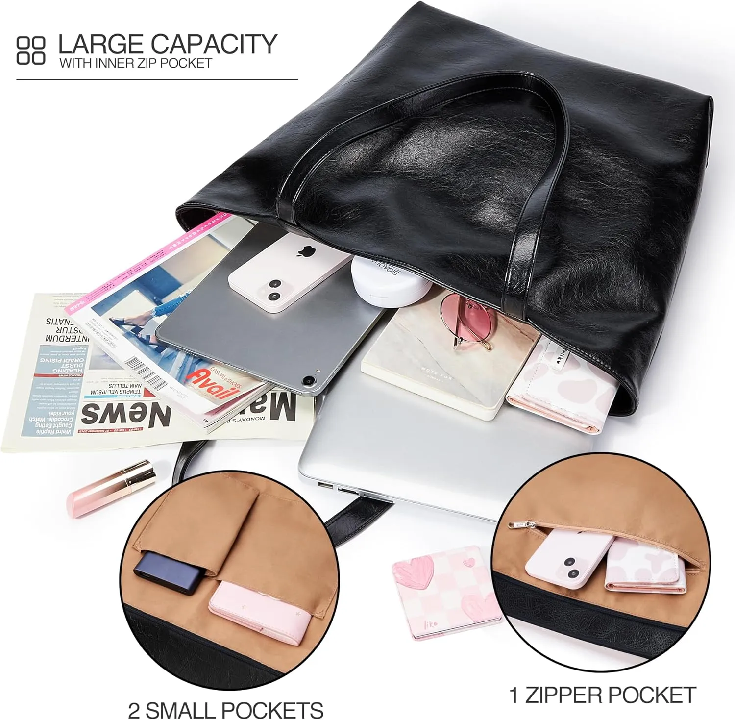 WLLWOO WLLWOO Soft PU Leather Tote Bag for Women Large Casual Hobo Handbags with Zipper Shoulder Work Bag Travel Purse