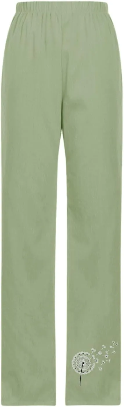 Women Cotton Linen Baggy Pants Summer Drawstring Casual Printed Lounge Pant 2025 Beach Vacation Pant with Pockets