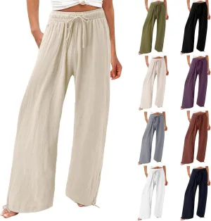 Women Linen Palazzo Pants Summer Comfy Flowy Wide Leg High Waist Casual Loose Beach Lounge Pant Trouser