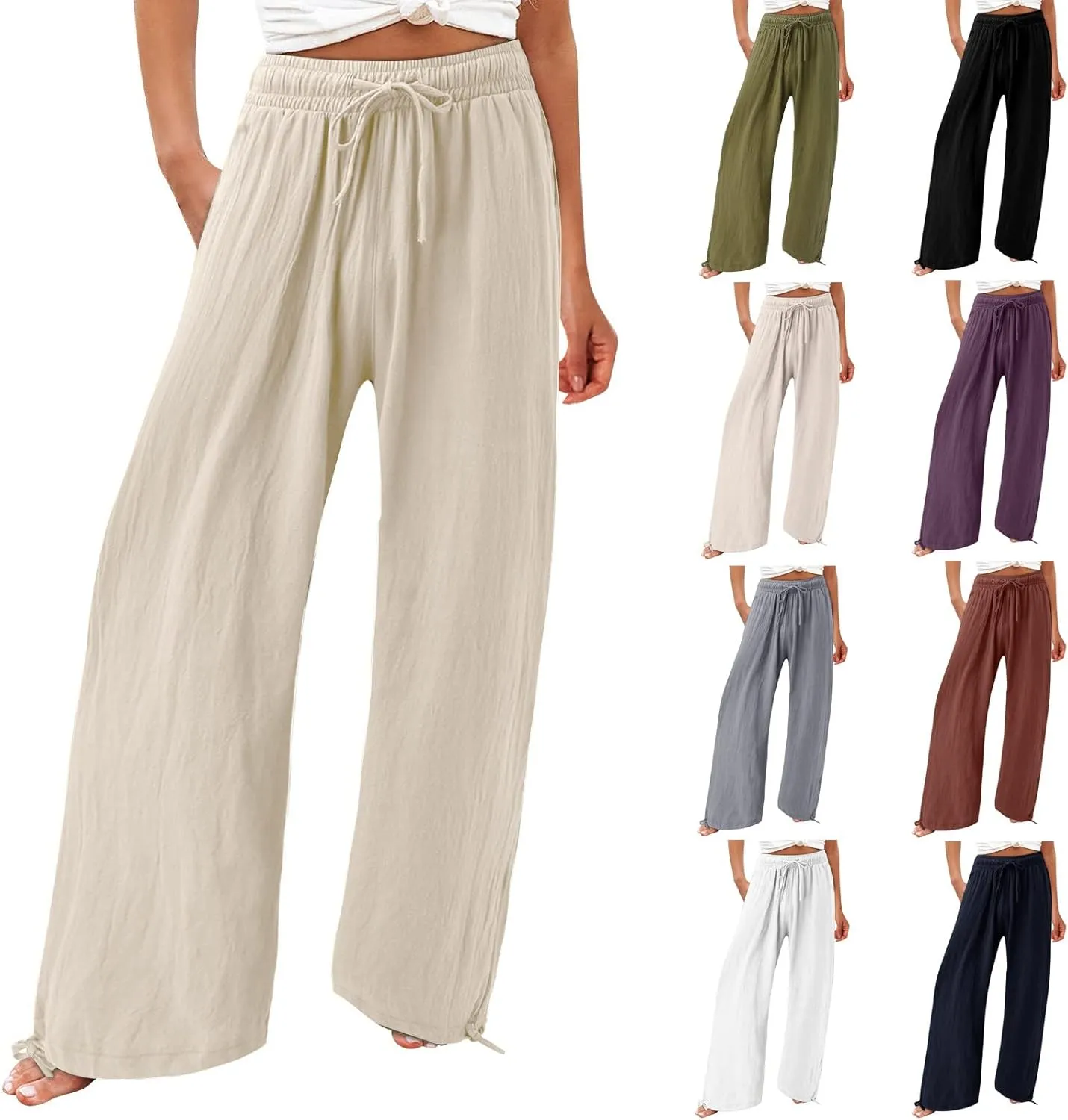 Women Linen Palazzo Pants Summer Comfy Flowy Wide Leg High Waist Casual Loose Beach Lounge Pant Trouser