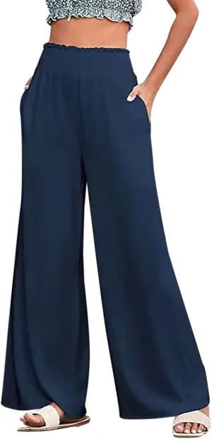Women Linen Summer Pants Flowy Casual Wide Leg Beach Trousers Loose Elastic Waist Lounge Palazzo Pants with Pockets