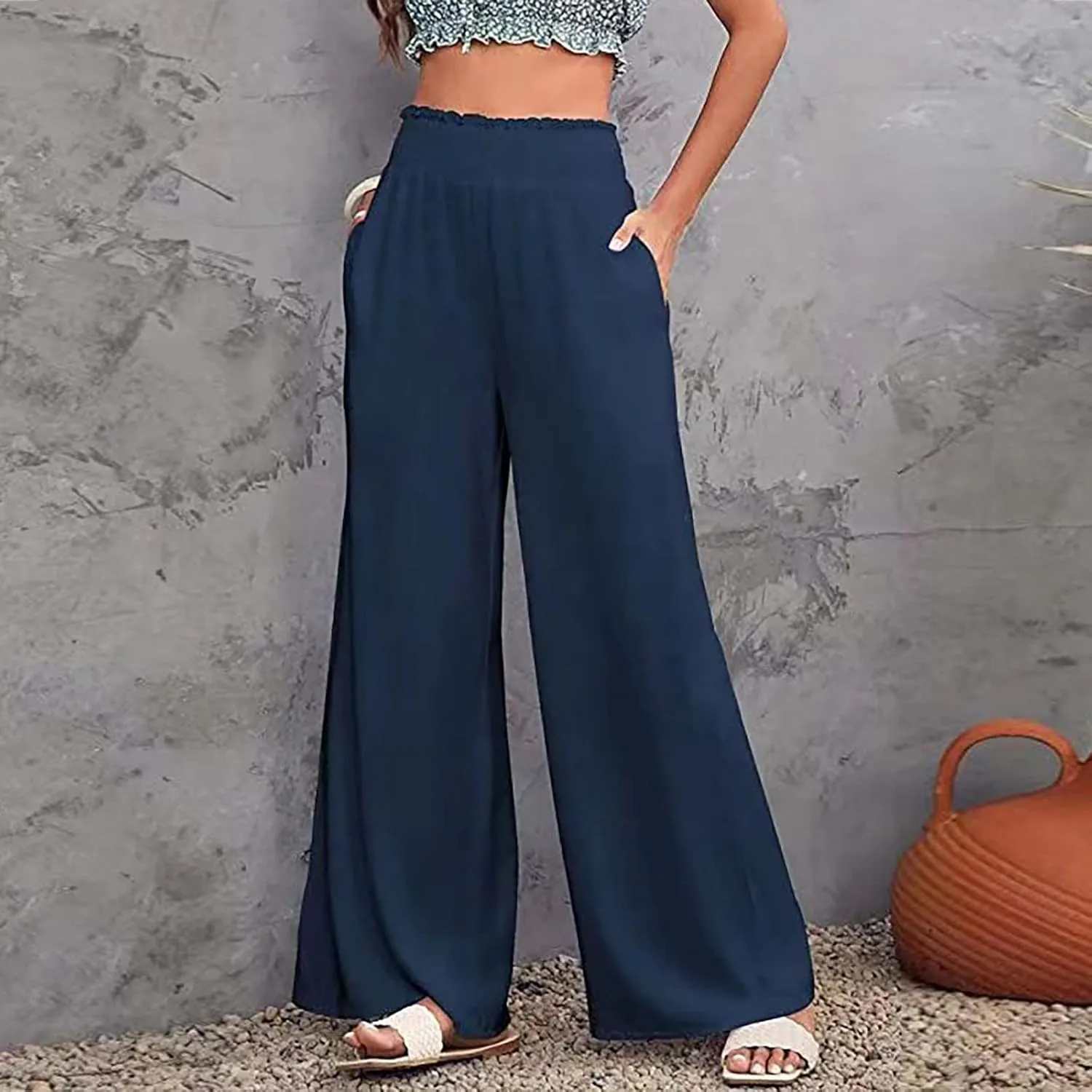 Women Linen Summer Pants Flowy Casual Wide Leg Beach Trousers Loose Elastic Waist Lounge Palazzo Pants with Pockets