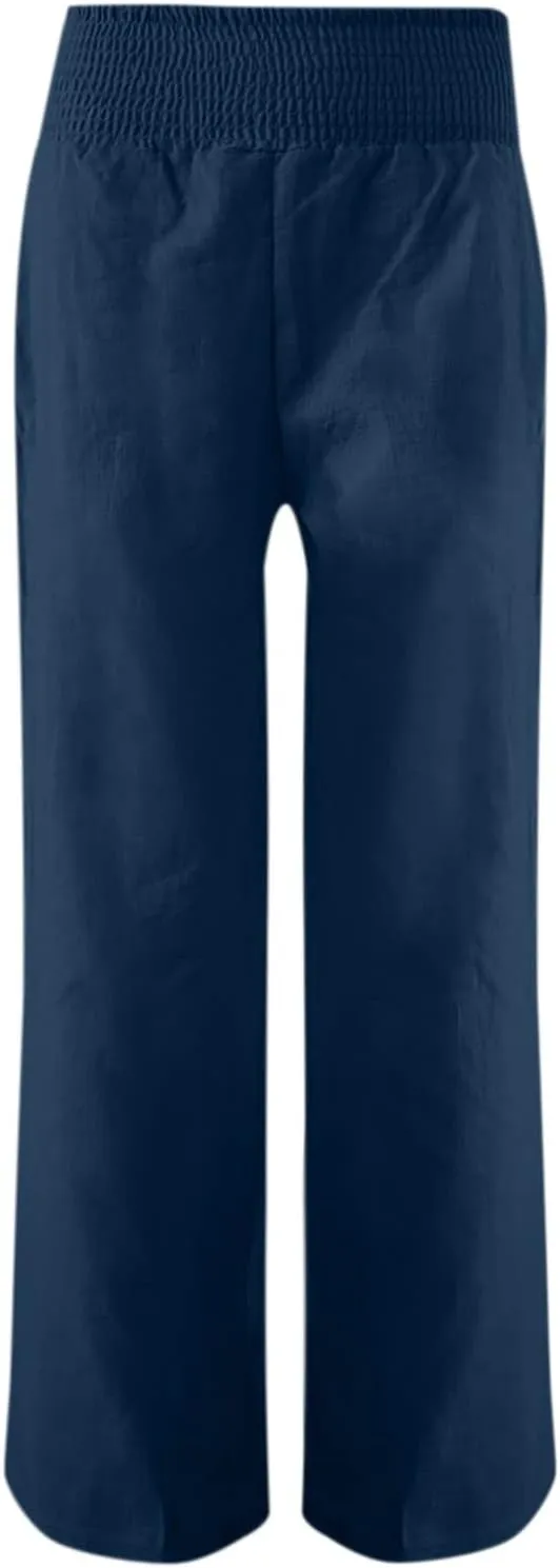 Women Linen Summer Pants Flowy Casual Wide Leg Beach Trousers Loose Elastic Waist Lounge Palazzo Pants with Pockets