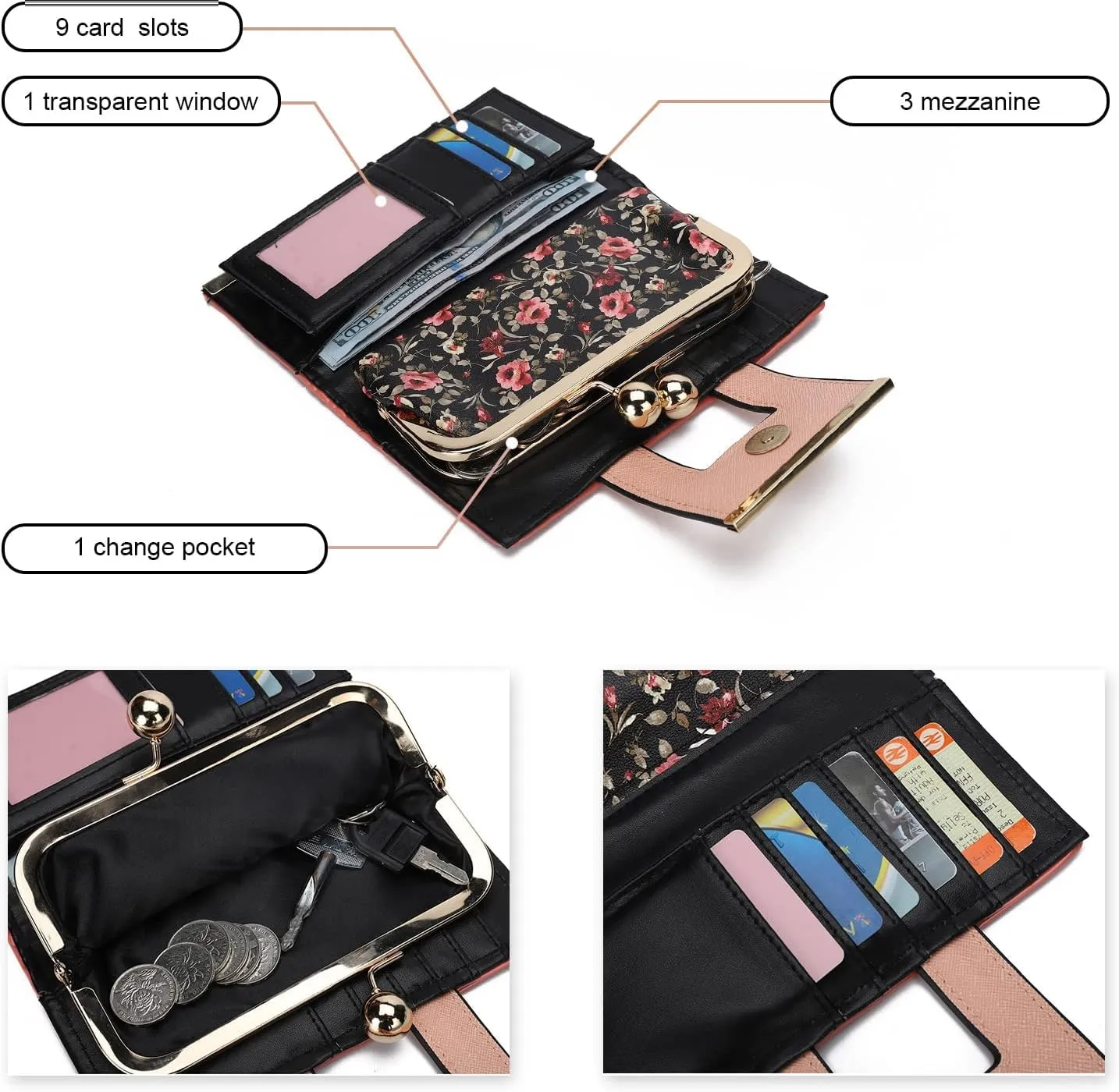 Women Wallet Leather Large Capacity Women's Handbag Large Capacity Long Wallet, with 10-card slots and clips