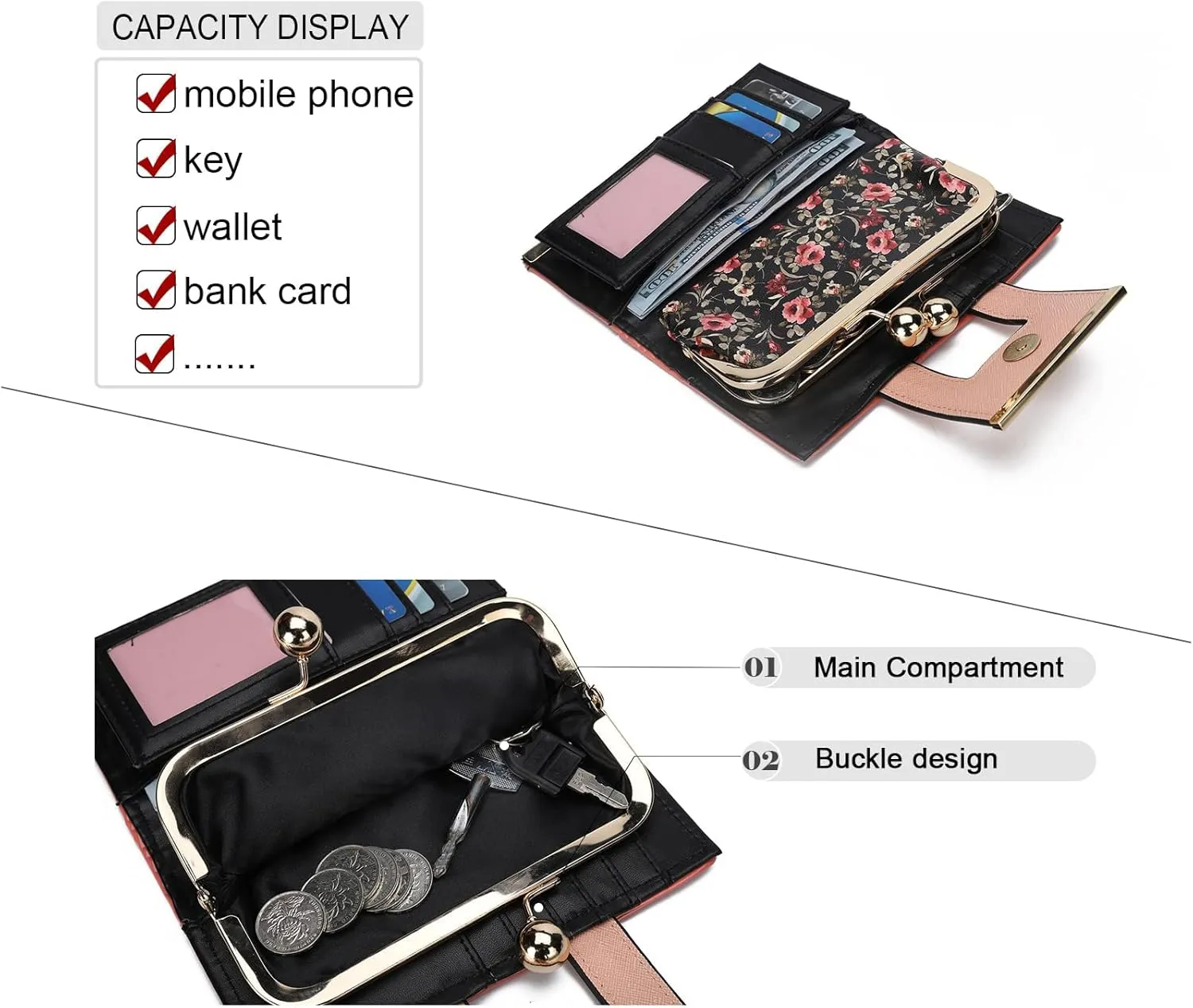 Women Wallet Leather Large Capacity Women's Handbag Large Capacity Long Wallet, with 10-card slots and clips