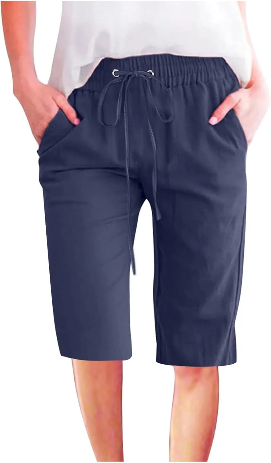 Womens Cargo Shorts Elastic Drawstring Waist Wide Leg Casual Summer Knee Pants with Pockets Walking Lounge Long Short